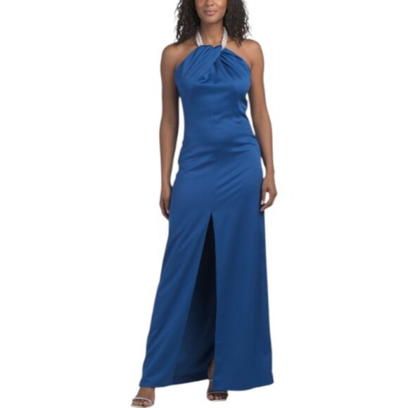 JEWEL BY BADGLEY MISCHKA High Neck Satin Gown With Faux Pearl Detail - Picture 1 of 2